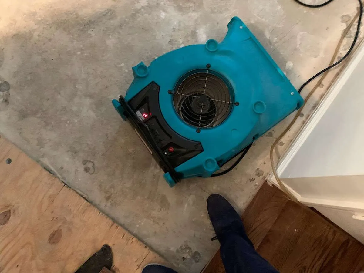Air mover drying subfloor during Leak Detection & Repair in Cheney
